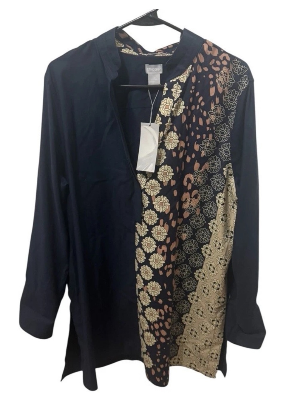 Chico's Navy Tunic with Gold and Tan Floral Panel, XL (Chico 3), NWT